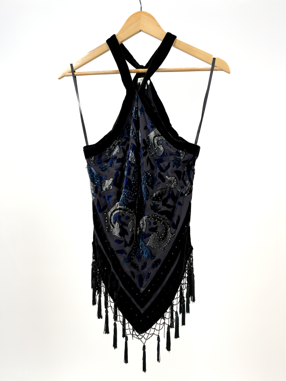 PF-1075 Cache Y2K Black Silk Velvet Beaded Fairygoth Halter Top